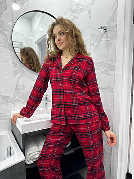 Жіноча піжама фланелева оверсайз червона Комплект сорочка та штани в клітинку
