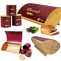 Хлебница Higher kitchen-zp-042 бамбуковая с баночками для сыпучих продуктов размер 35x25x15 см красный