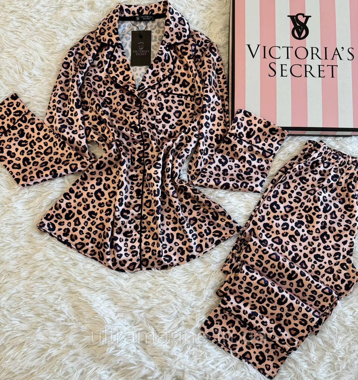 Жіноча сатинова піжама Victoria's Secret S-M з принтом Леопард