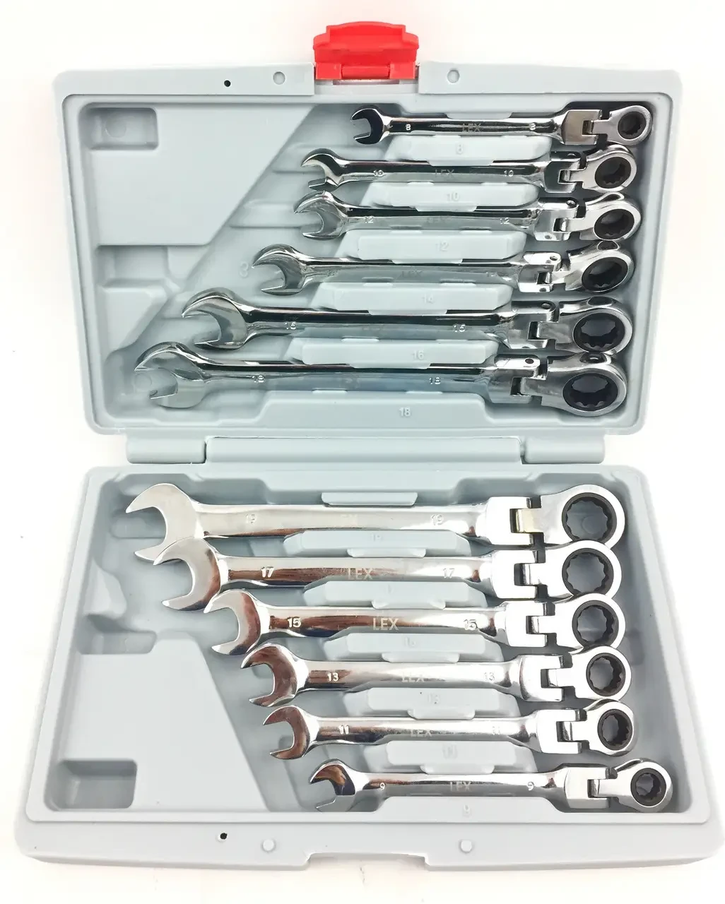 Набір ріжково-накидних ключів з тріскачкою на кардані 12 шт LEX, фото 1