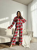 Женская комфортная пижама в клеточку ( рубашка + штаны ) Арт. 5481 Красный с зеленым, S