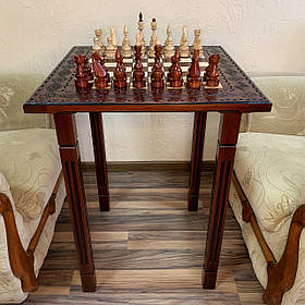 Шаховий набір: стіл на 4-х ніжках 70 см та фігури "Elite". Ручна робота. Різьблення по дереву