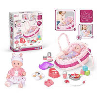 Кукла функциональная (горшок, бутылочка, посуда, игрушки-кубики, соска, сьемная обувь, люлька) WZB 9806-3