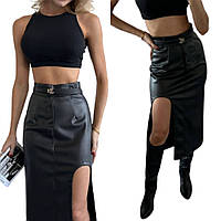 Черная женская стильная юбка-карандаш из эко-кожи на замше с высокой посадкой и разрезом по ноге