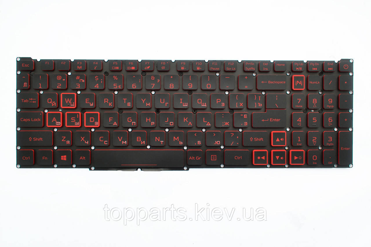 Клавіатура для ноутбуків Acer Nitro 5 AN515-45, -46, -51, -52, -55, -56, -57 Series чорна без рамки, з підсвіткою, червоні символи