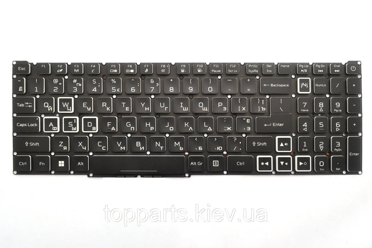 Клавіатура для ноутбуків Acer Nitro 5 AN515-45, -46, -51, -52, -55, -56, -57 Series чорна без рамки, з підсвіткою