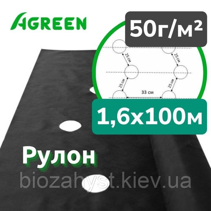 50г/кв.м Агроволокно Чорне 1,6х100м Agreen, перфорація 3 отв., Рулон | Агроволокно для Мульчування, НЕ проводить світло
