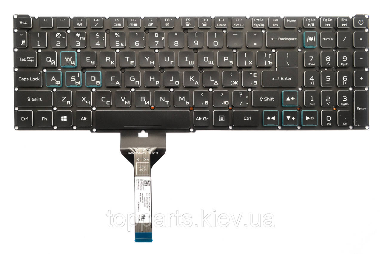Клавіатура для ноутбуків Acer Nitro 5 AN515-45, -46, -51, -52, -55, -56, -57 Series чорна без рамки, з підсвіткою