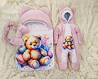 Детский демисезонный велюровый комплект спальник + комбинезон Мишка с сердечками Розовая пудра