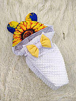 Зимовий конверт для новонароджених, принт соняшник, білий з жовтим