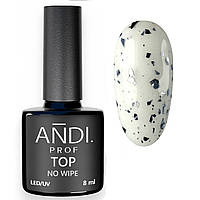 Топ з пластівцями для гель-лаку без липкого шару, закріплювач TOP Flakes NO WIPE Andi Prof №2 з срібними пластівцями