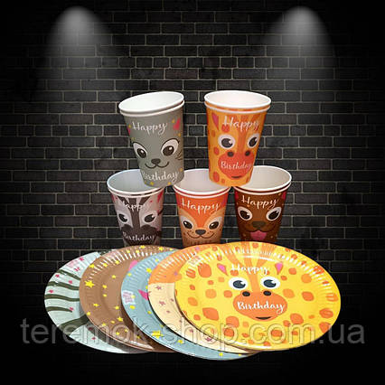 Набір дитячого святкового одноразового посуду звірята асорті 10 склянок 10 тарілок із написом Happy birthday