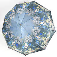 Зонтик женский складной, полуавтомат (открытие), система антиветер, синий с цветочным рисунком