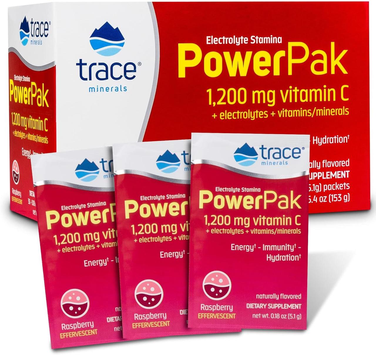 Вітамін C + електроліти + мультивітаміни Малина 30 саше / Power Pak Raspberry, Trace Minerals, фото 1
