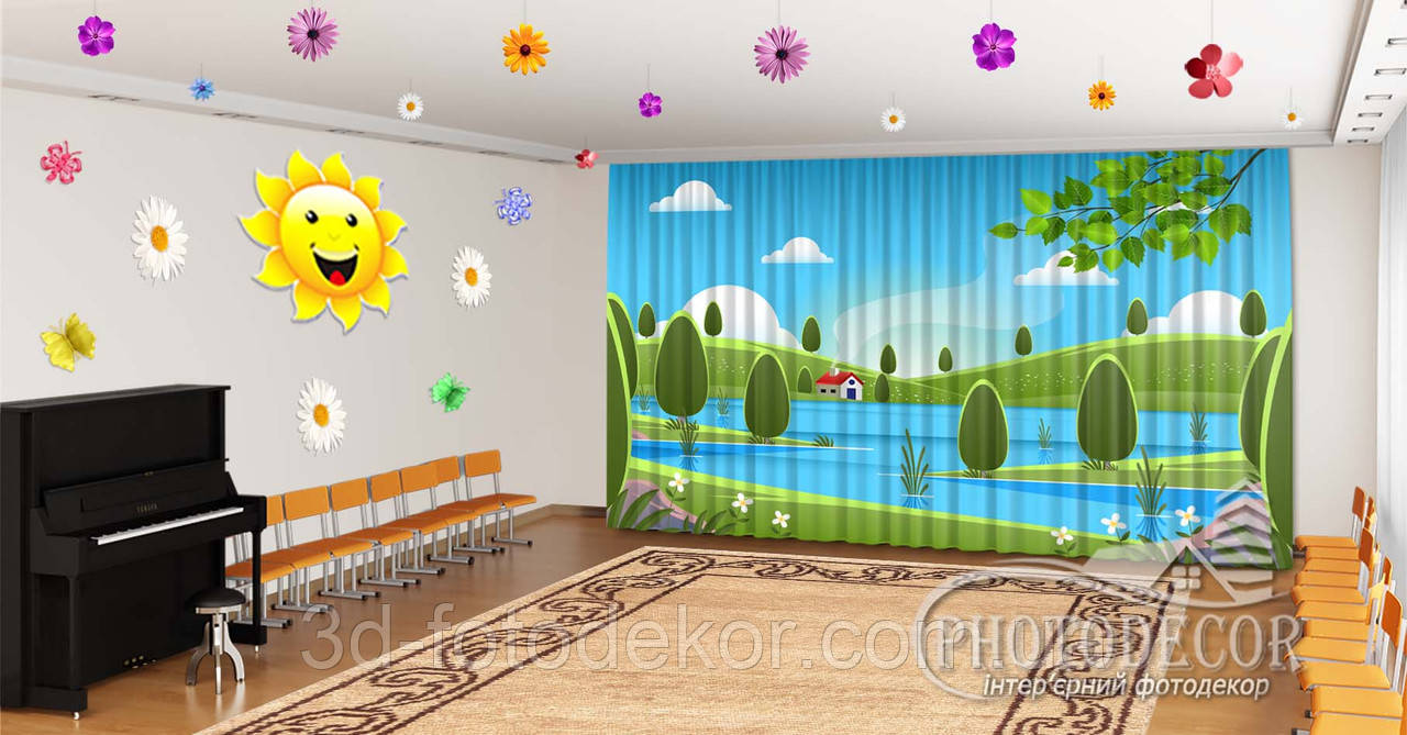 Весняні Фото Штори в дитячий садок "Будиночок біля струмка" - будь-який розмір, фото 1