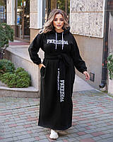 Женское черное платье макси с боковыми разрезами и капюшоном большие размеры