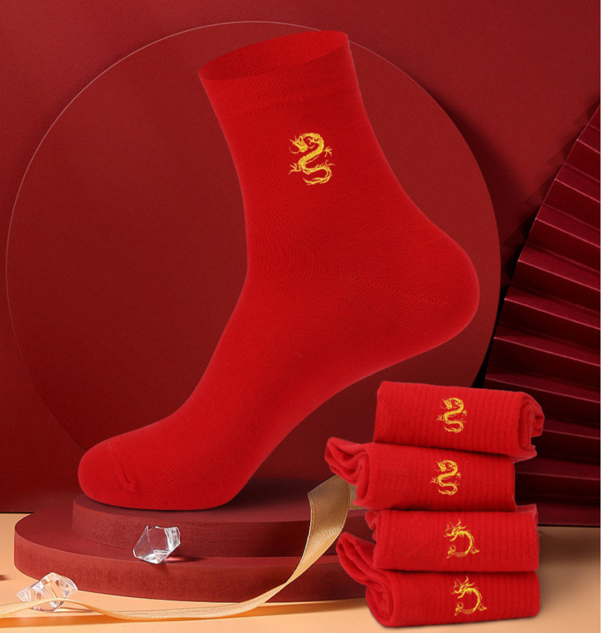 Турмалінові шкарпетки Червоні з Драконом для удачі, Процвітання, Здоров'я і Успіху в 9 періоді, фото 1