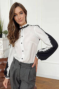 Блуза жіноча класична молочно-чорна з мереживом 3486-01