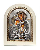Серебряная Икона Святое Семейство 15x21см арочной формы на белом дереве