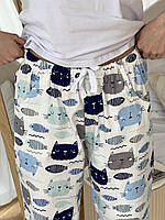 Топ! Женские Пижамные штаны COSY из сатина Котики Рыбки молочный S311P