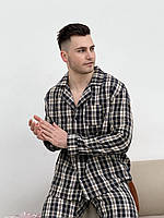 Топ! Пижама мужская COSY домашний костюм с фланели (брюки+рубашка) клетка темно-синяя/кремовая