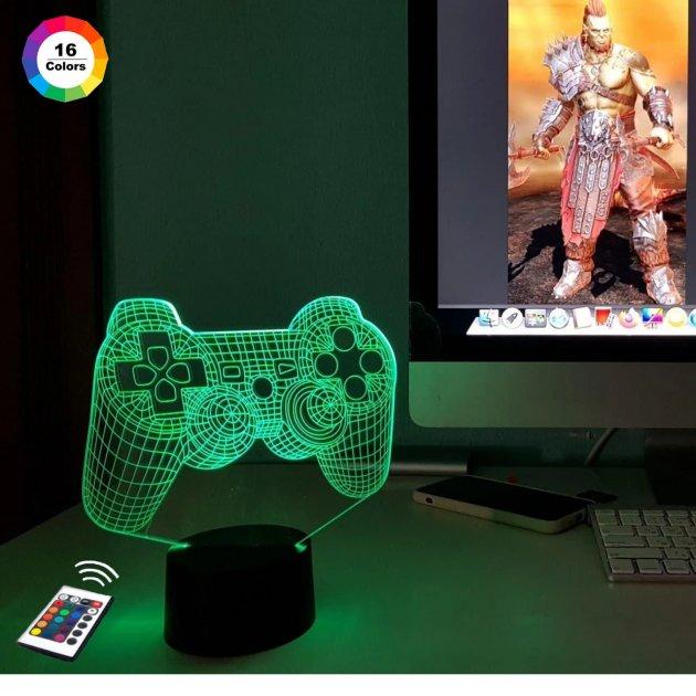 3D-нічник "Джойстик" (ВОЛІЧНЕ ЗОБРАЖЕННЯ) + пульт ДК + мережевий адаптер + батарейки (3АА)  3DTOYSLAMP, фото 1