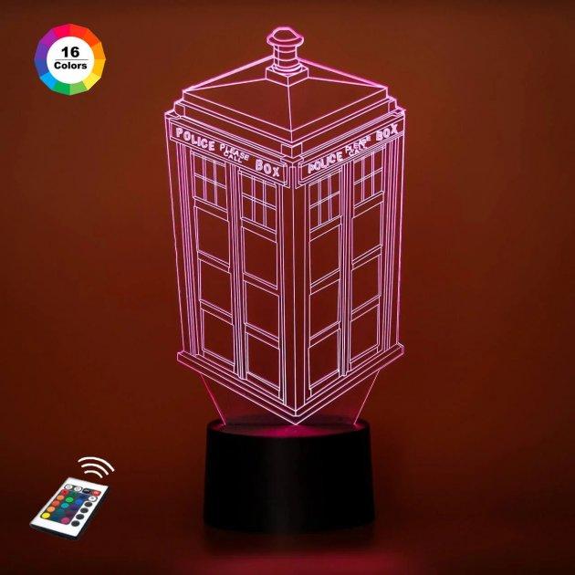 3D нічник "Тардіс" (ВОЛІЧНЕ ЗОБРАЖЕННЯ) +пульт ДК + мережевий адаптер +батарейки (3 ААА)  3DTOYSLAMP, фото 1