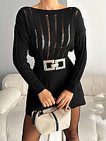 Стильный повседневный универсальный осенний женский свитер с ажурным плетеньем цвет мокко чёрный молоко