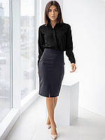 Женская черная базовая блузка-рубашка с воротником и длинным рукавом на работу 46/48