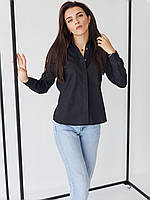 Бавовняна чорна жіноча блузка, сорочка на ґудзиках у діловому стилі 42-48