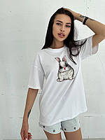 Жіноча біла футболка з принтом панда/зайчик турецький кулір, Мод 30