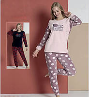 Пижама теплая женская для дома и сна флисовая розовая в горошек ( последний размер 2XL)