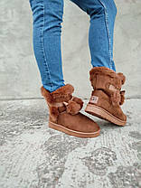 UGG CAMEL Уги руді коричневі екологічна замша зимові зі стрічками та помпонами, фото 4