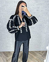 Женская черная/бежевая вышиванка с вышивкой в стиле минимализм, Мод 5438