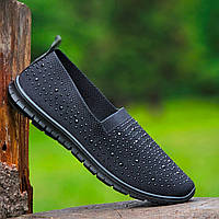 Мокасини сліпони жіночі літні чорні текстильні легкі Мокасины слипоны женские летние черные тканевые (Код: 3205)