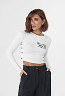 Трикотажна кофта в рубчик із принтом і кнопками — молочний колір, L (є розміри)