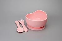 Комплект для прикорма супница, силиконовая вилка и ложка Ярко-розовый
