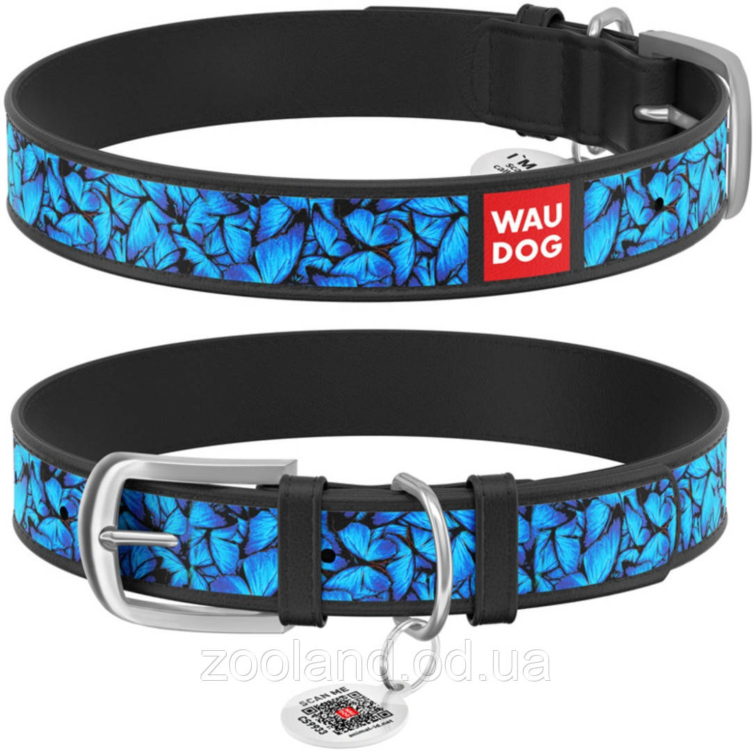 0012-0085-01 Collar WauDog Design Блакитні метелики з qr-паспортом чорний, 19-25/12 мм