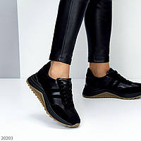 Комфортные черные женские кроссовки из натуральной кожи и замши, практичные черные кожаные кроссовки на весну