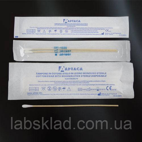 Аплікатори стерильні з дерев'яною паличкою та віскозною намоткою Aptaca S.p.A (500 шт/уп), фото 1