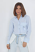 Укороченная женская рубашка с накладным карманом - голубой цвет, M