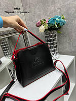 Чорна з червоним усередині — стильна сумочка на три відділення — Lady Bags, два ремені в комплекті (0388)