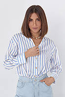 Шелковая блуза на пуговицах в полоску - синий цвет, укороченный, полоска, деловой/офисный, Турция