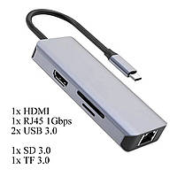 USB Type-C хаб  Proove Iron Link 6-in-1 2*USB3.0 HDMI RJ45 SD TF Gray