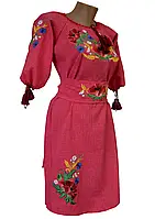 Льняное Платье вышиванка для девочки подростка зеленое вышивка гладью р.146 - 164