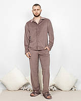 Пижама костюм мужской домашний велюровый рубашка со штанами Мокко