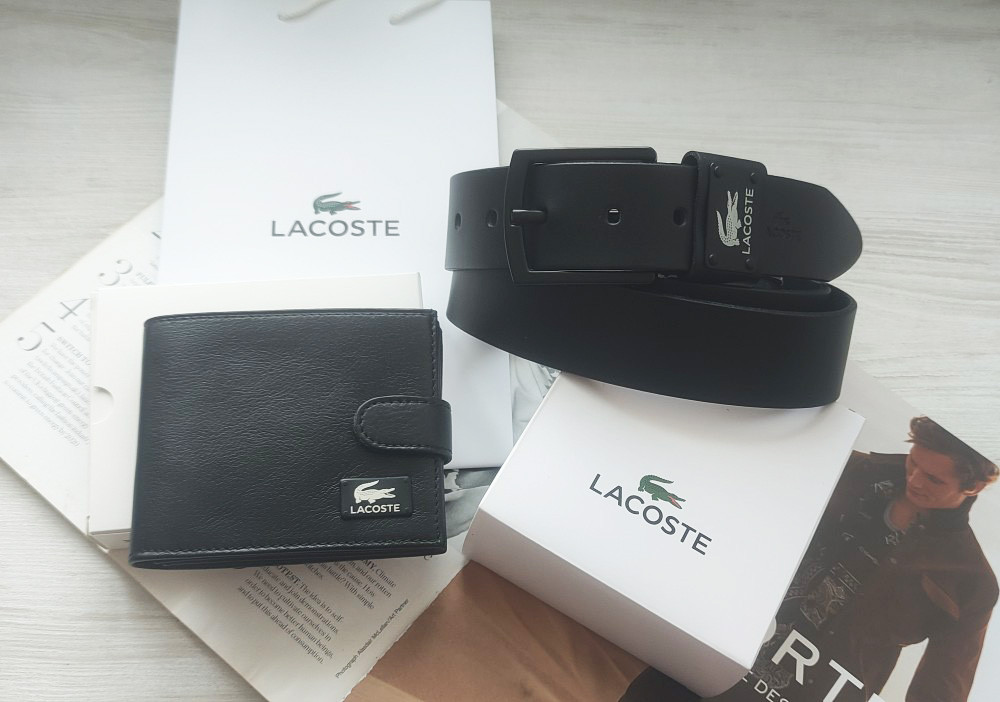 Чоловічий подарунковий набір Lacoste ремінь і гаманець чорні