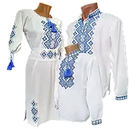Белая Домотканая рубашка вышиванка для мальчика голубая вышивка Family Look р.140-176
