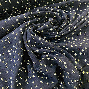 Тканина муслін жатий двошаровий, білі зірочки на синьому (шир.1,35 м) (MS-JAT-2-0098)