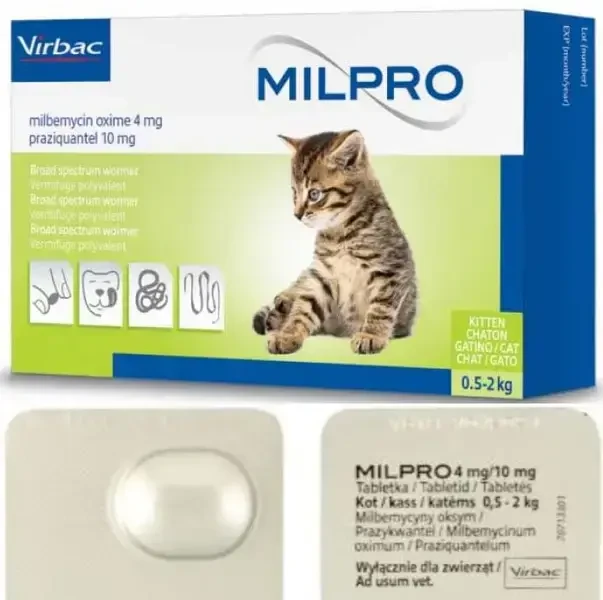 Таблетки от глистов для кошек и котят 0,5-2 кг Virbac Milpro (Милпро 4 мг/10 мг). 4шт - фото 1 - id-p2088263314